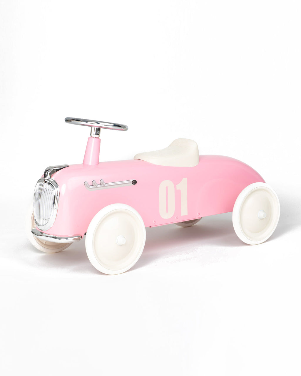 Pink baghera ride-on roadster with the number 01 on a white background