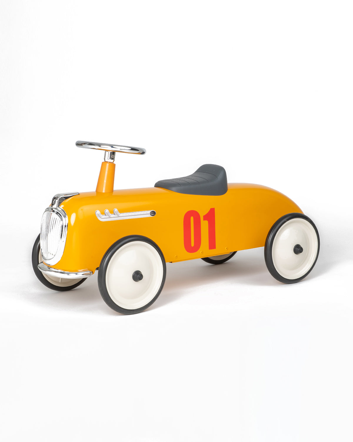 Yellow baghera ride-on roadster with the number 01 on a white background