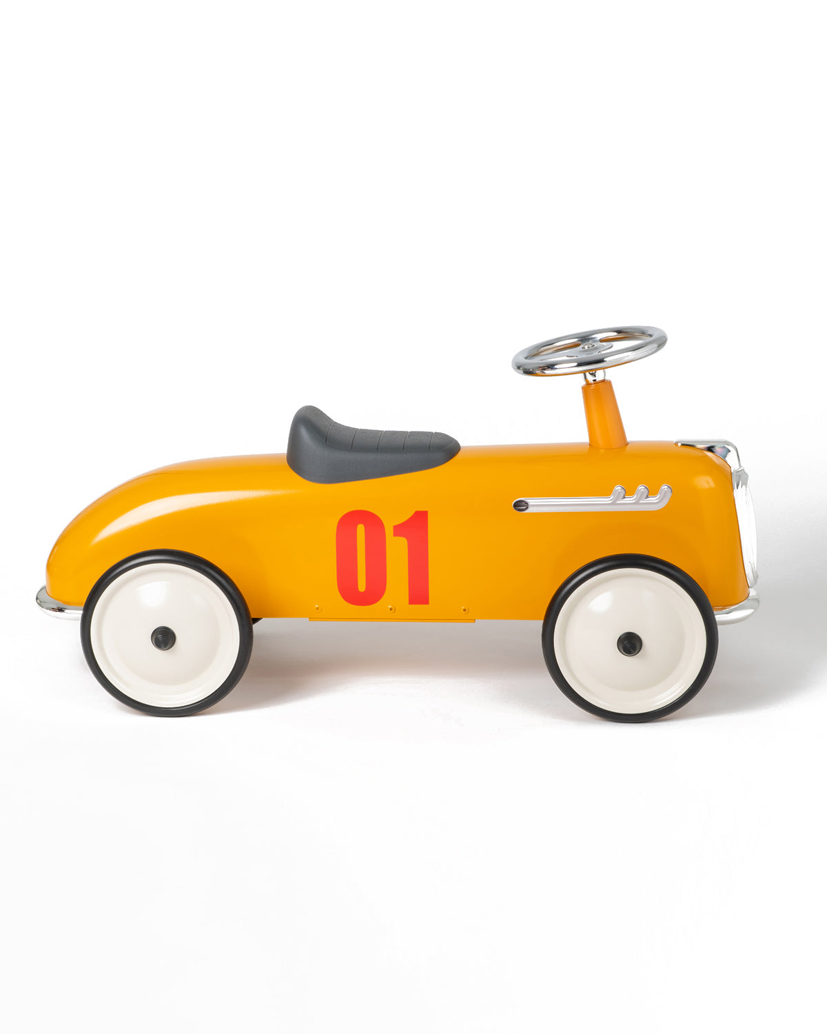 Yellow baghera ride-on roadster with the number 01 on a white background