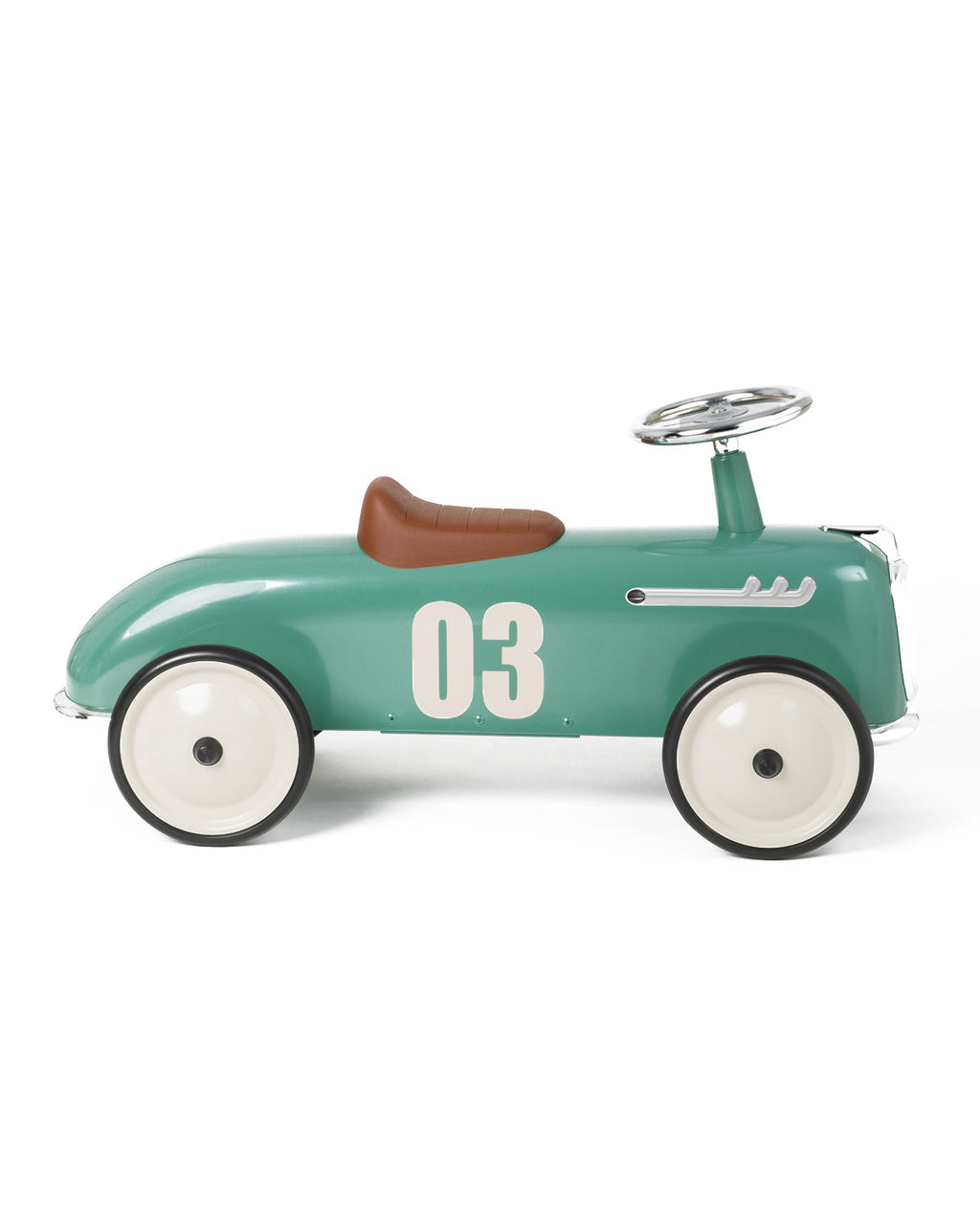 Green baghera roadster ride-on toy car with number 03 on white background
