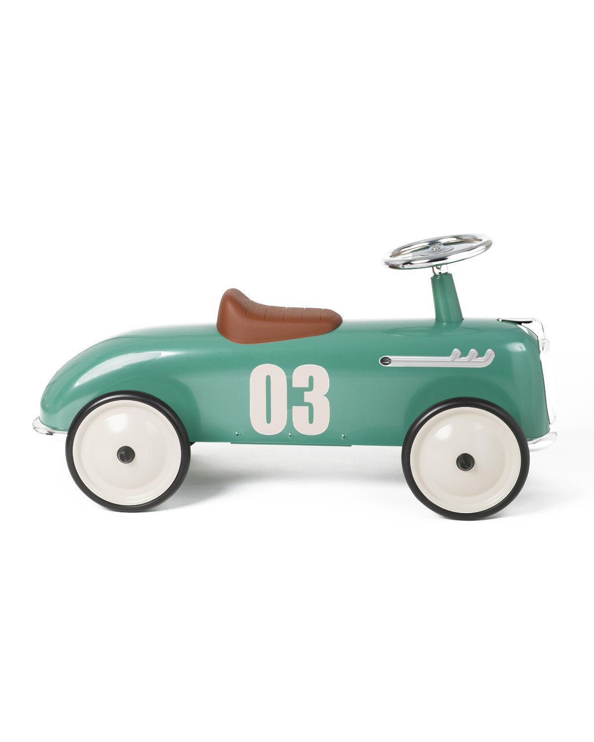 Green baghera roadster ride-on toy car with number 03 on white background
