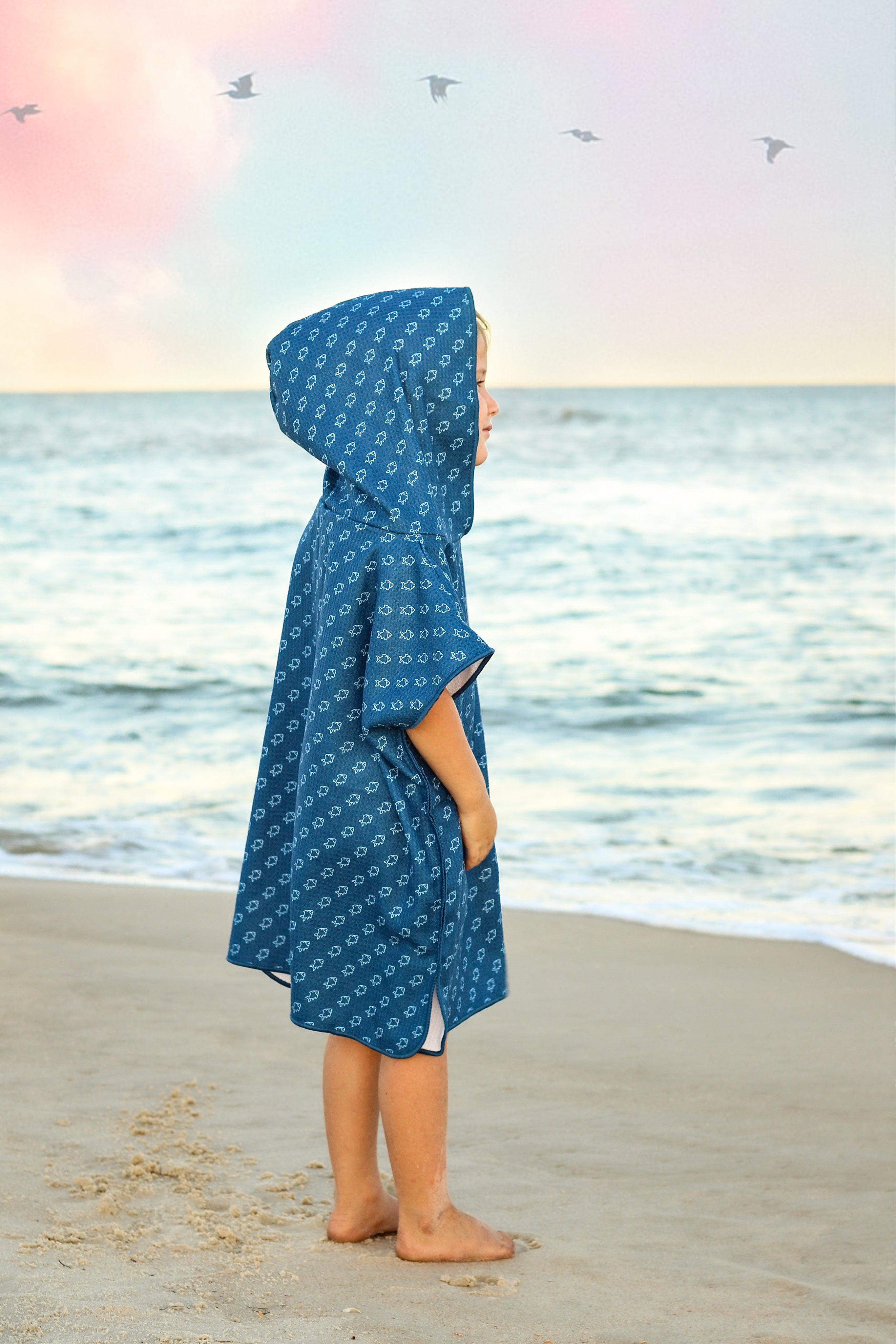 Keep the Littles Wild Microfiber blue fish waffle wearable towel | Playroom Avenue