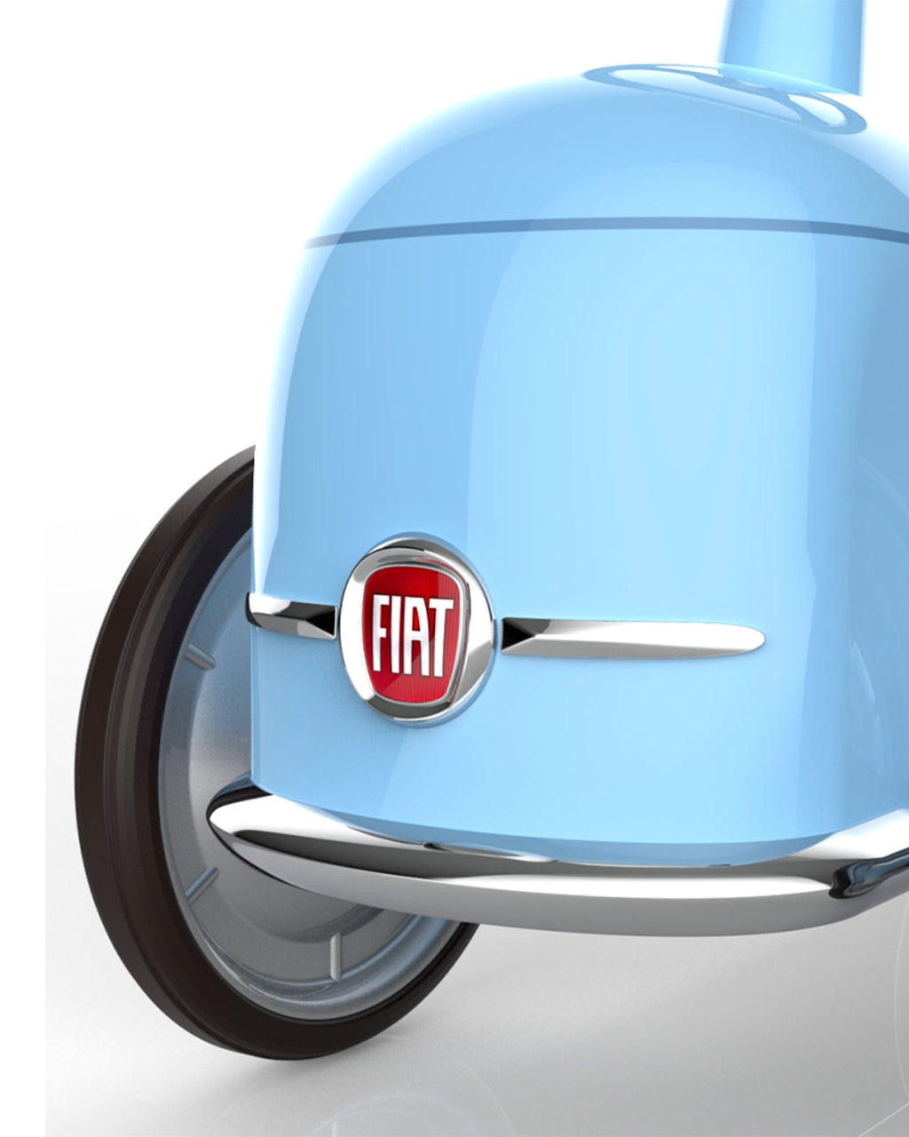 Close-up of a light blue baghera ride-on car with a Fiat logo on a white background