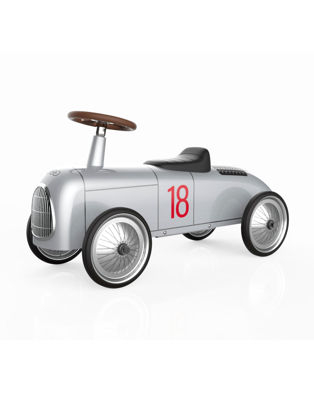 Silver vintage style baghera ride-on roadster with the number 18 on a white background
