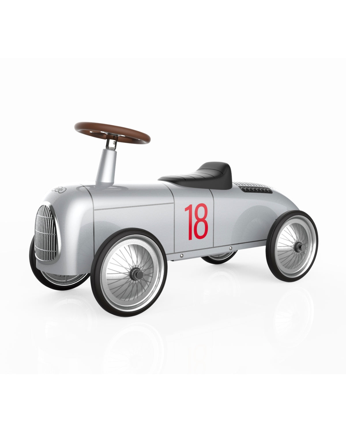 Silver vintage style baghera ride-on roadster with the number 18 on a white background
