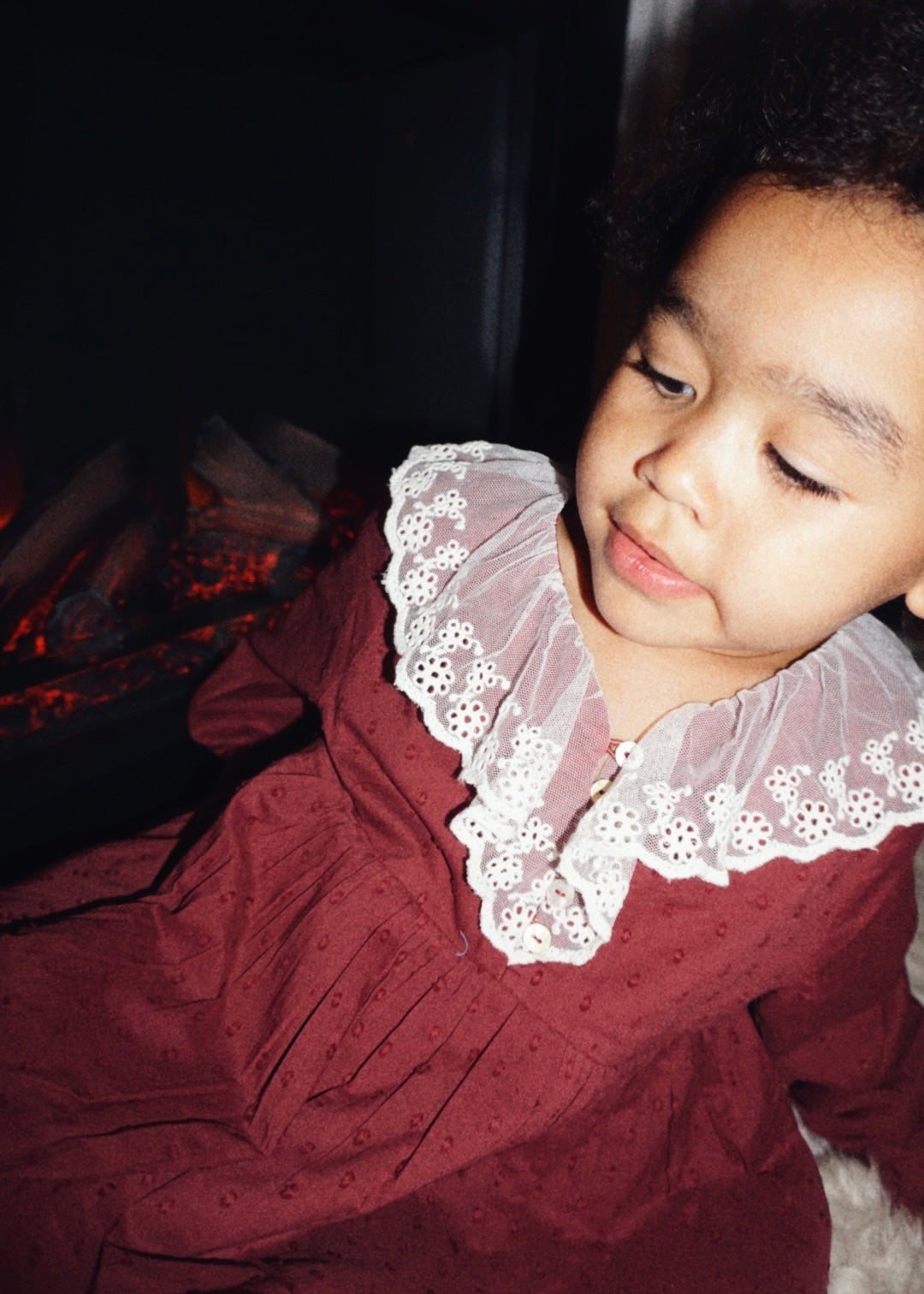 La Petit Lapin Harper | Swiss Dot Cotton Lace Dress | Merlot | Playroom Avenue