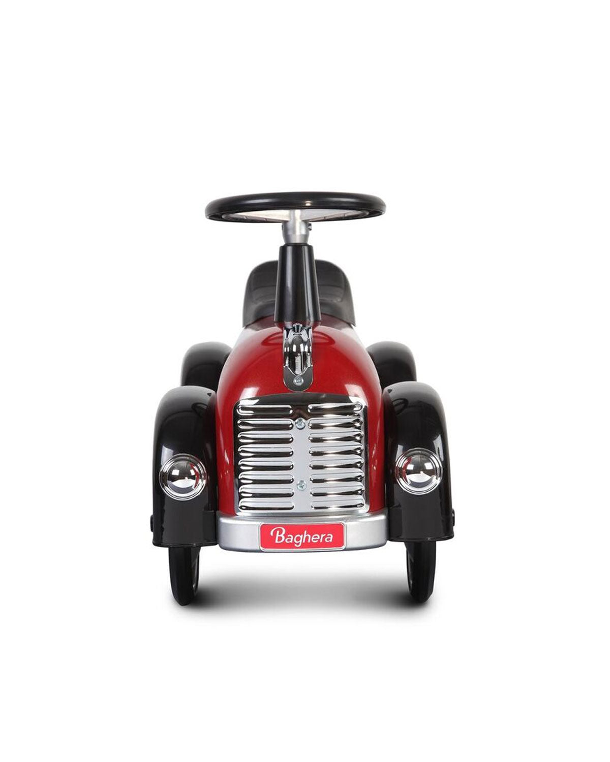 Red toy car with a silver grille and black wheels on a white background