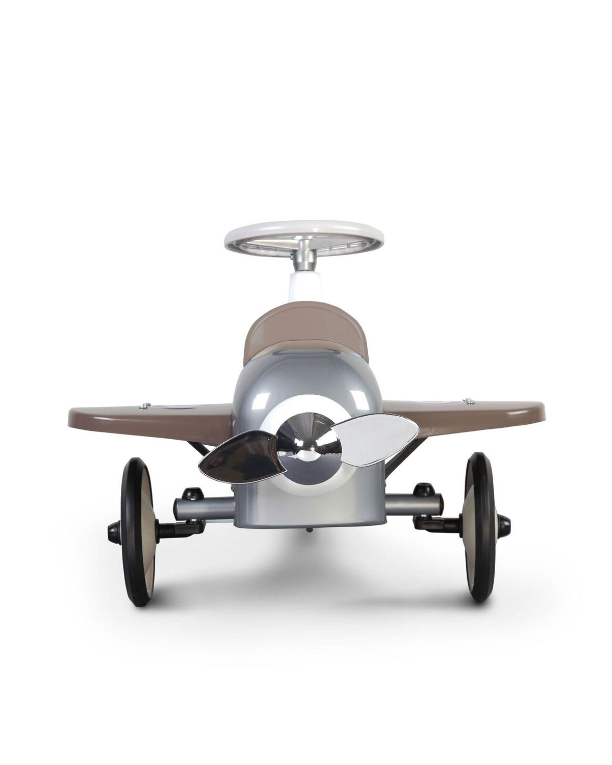 Toy airplane with wheels on a white background