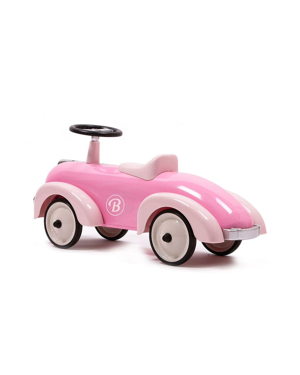 Pink baghera speedster ride-on car with a steering wheel on a white background