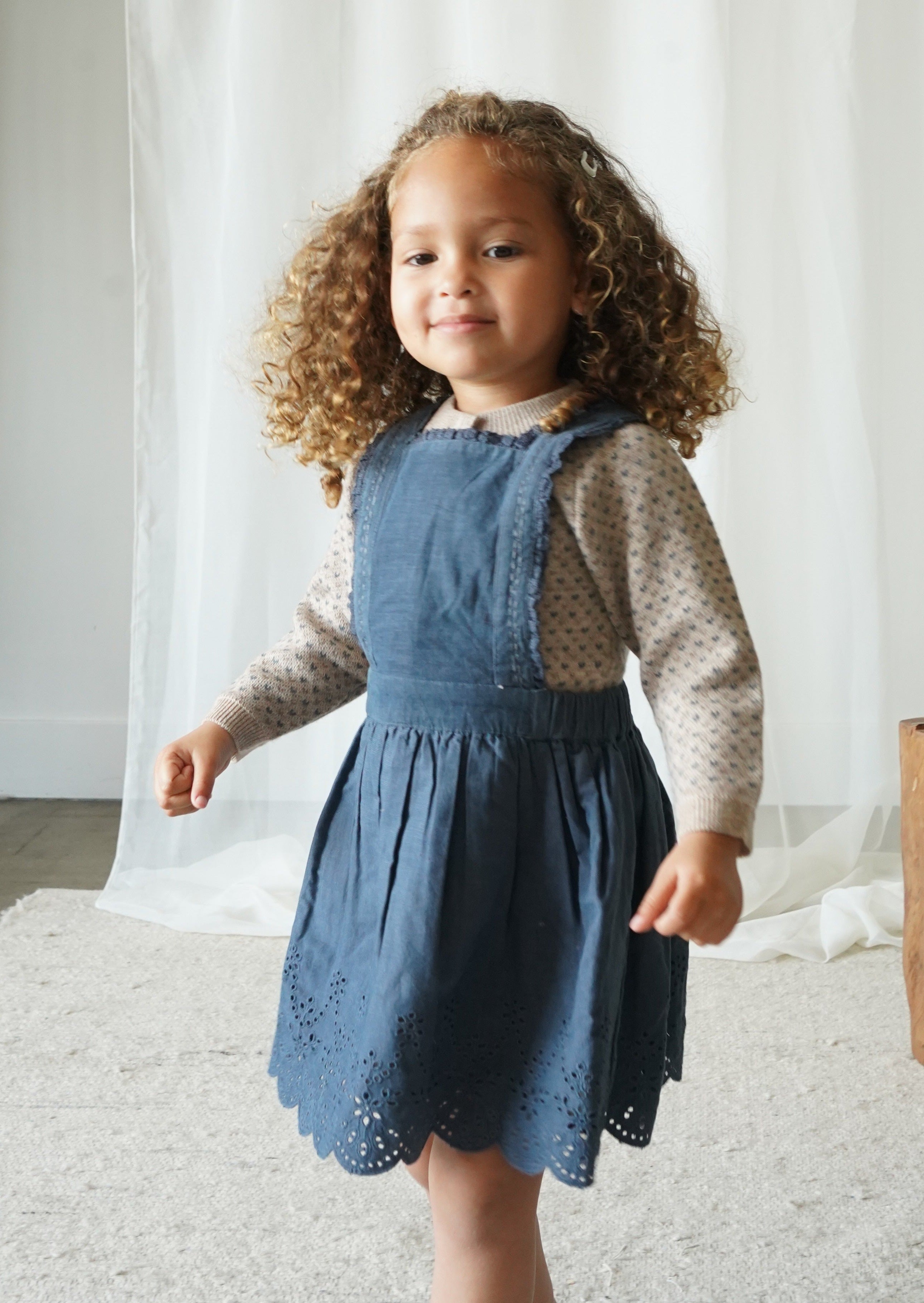 La Petit Lapin Elea | Corduroy Cotton Anglaise Dress | Vintage Blue | Playroom Avenue