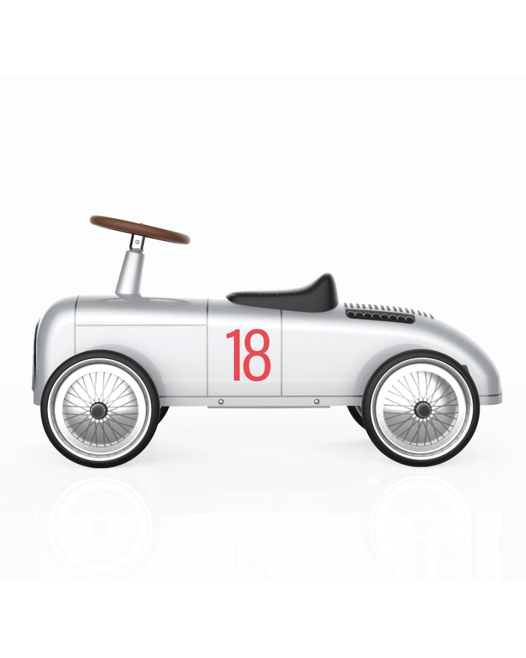 Silver vintage style baghera ride-on roadster with the number 18 on a white background