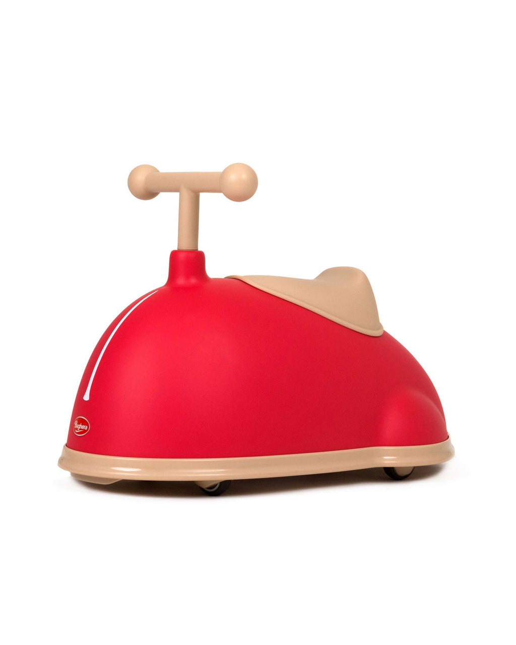 Red and beige children's ride-on toy on a white background