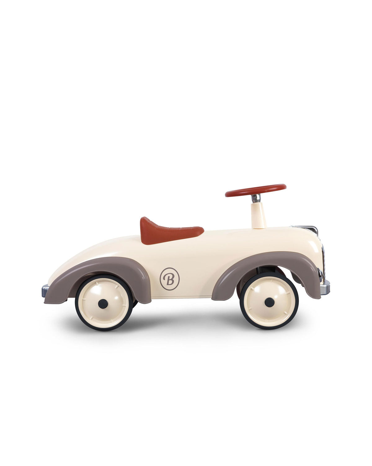Cream  vintage style baghera ride-on speedster on a white background