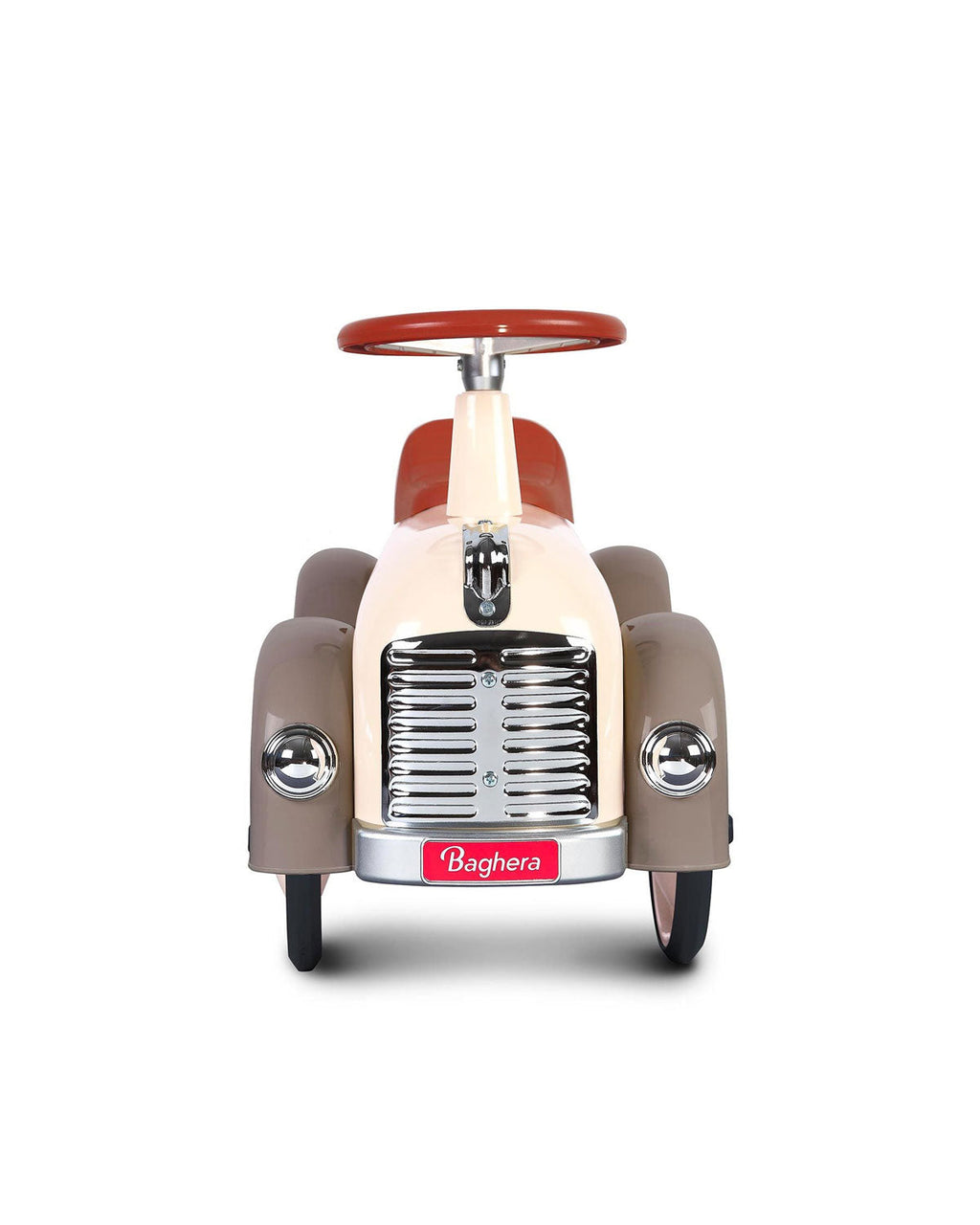 Cream  vintage style baghera ride-on speedster on a white background