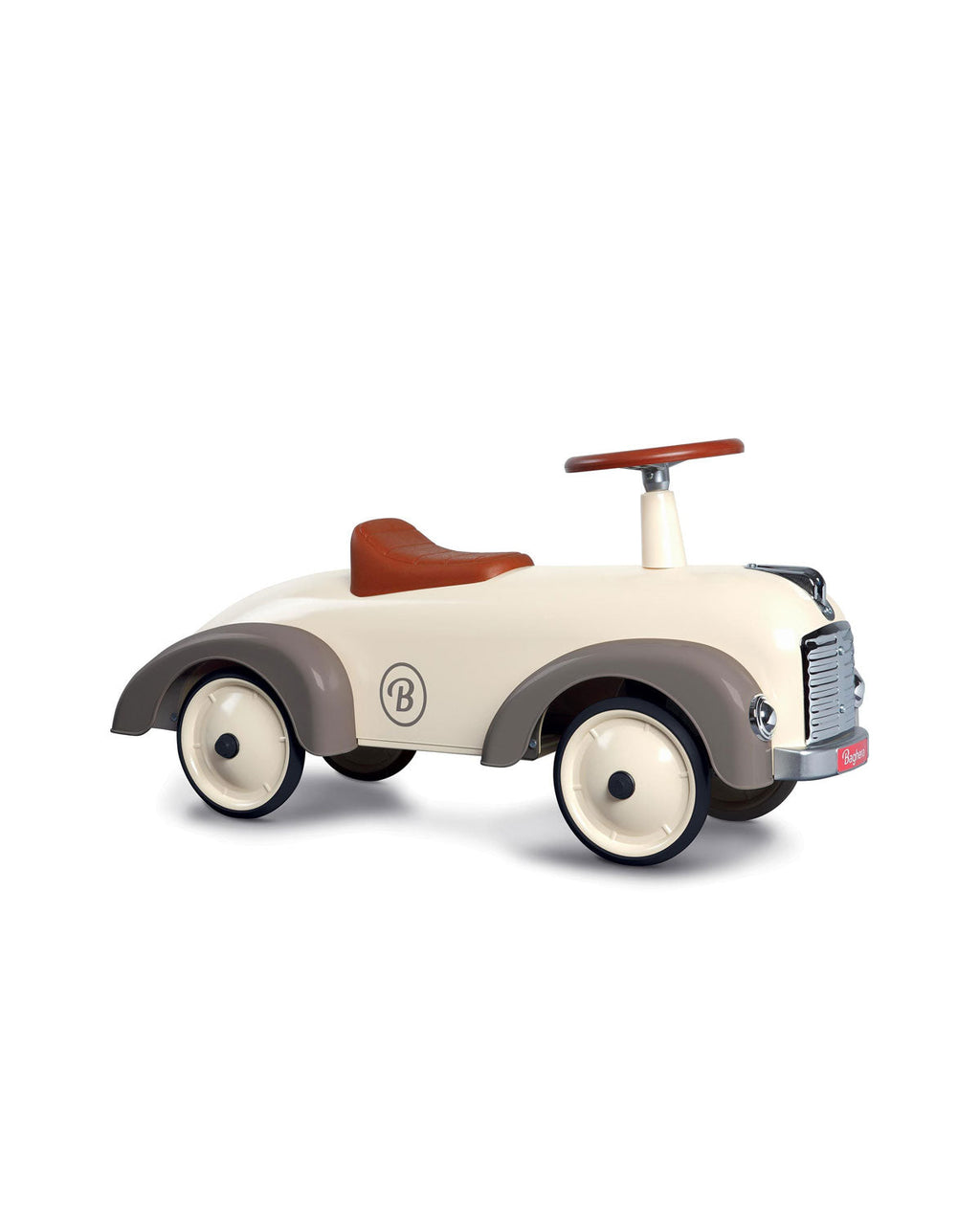 Cream  vintage style baghera ride-on speedster on a white background
