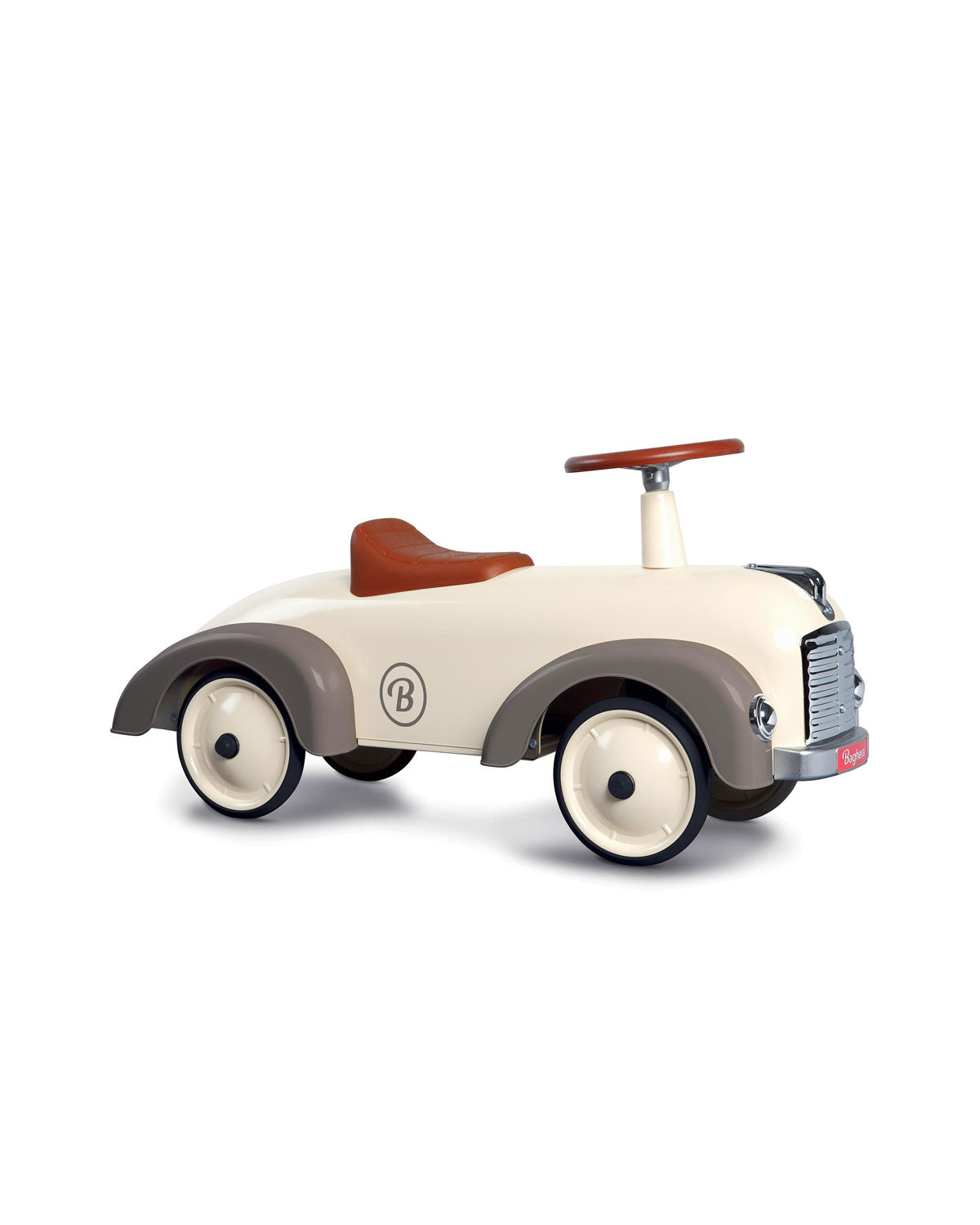 Cream  vintage style baghera ride-on speedster on a white background
