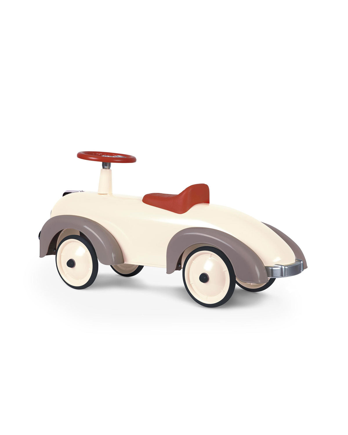 Cream  vintage style baghera ride-on speedster on a white background
