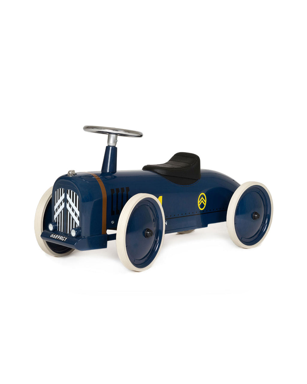 Blue baghera speedster ride-on car with white wheels on a white background