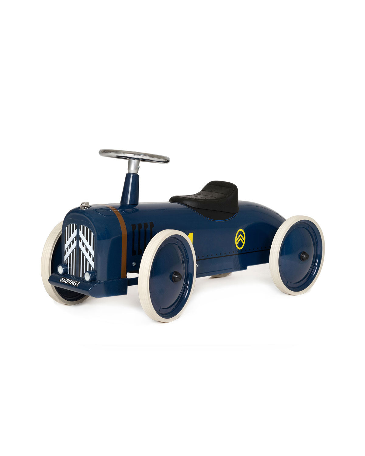 Blue baghera speedster ride-on car with white wheels on a white background