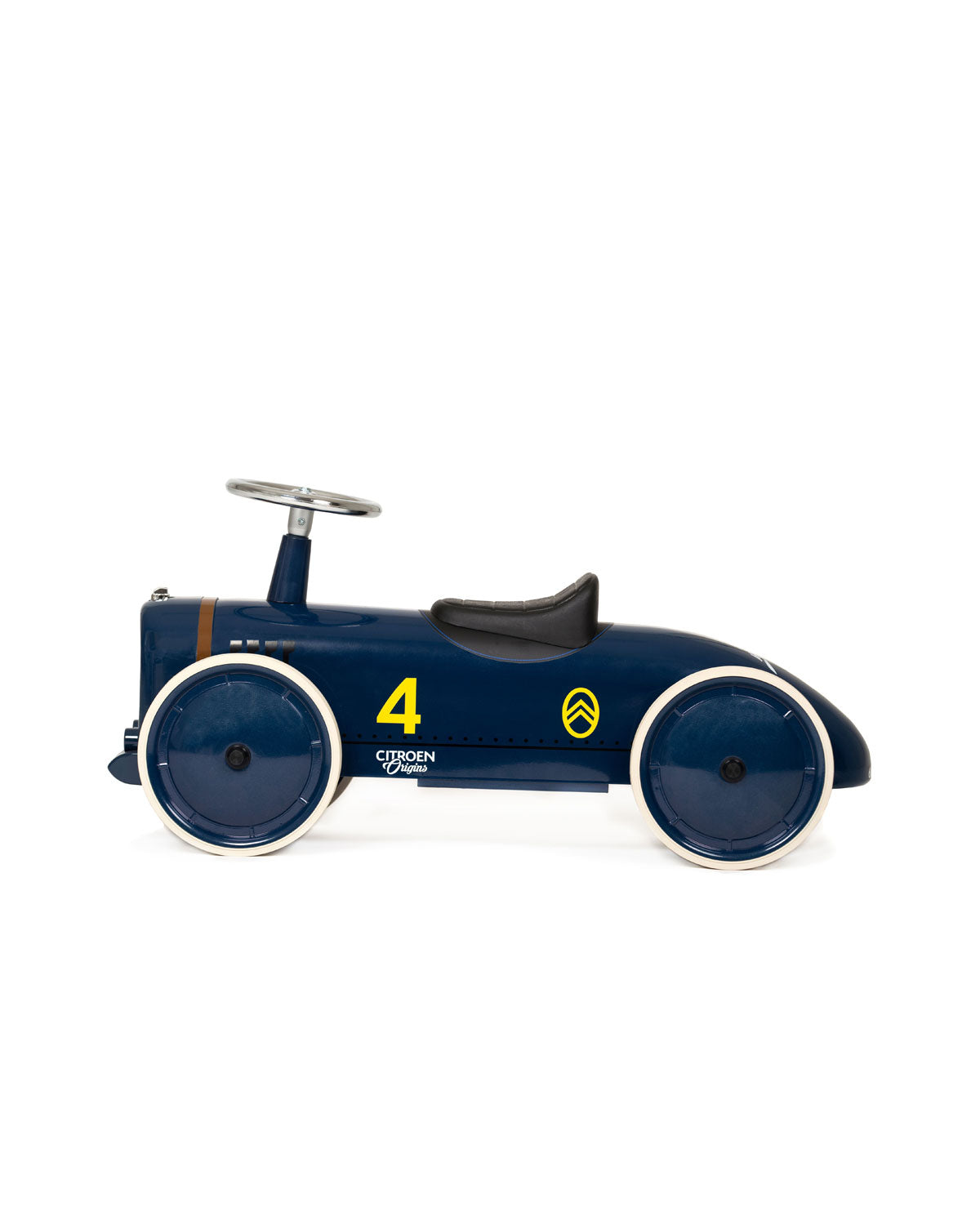 Navy blue toy car with number 4 on a white background