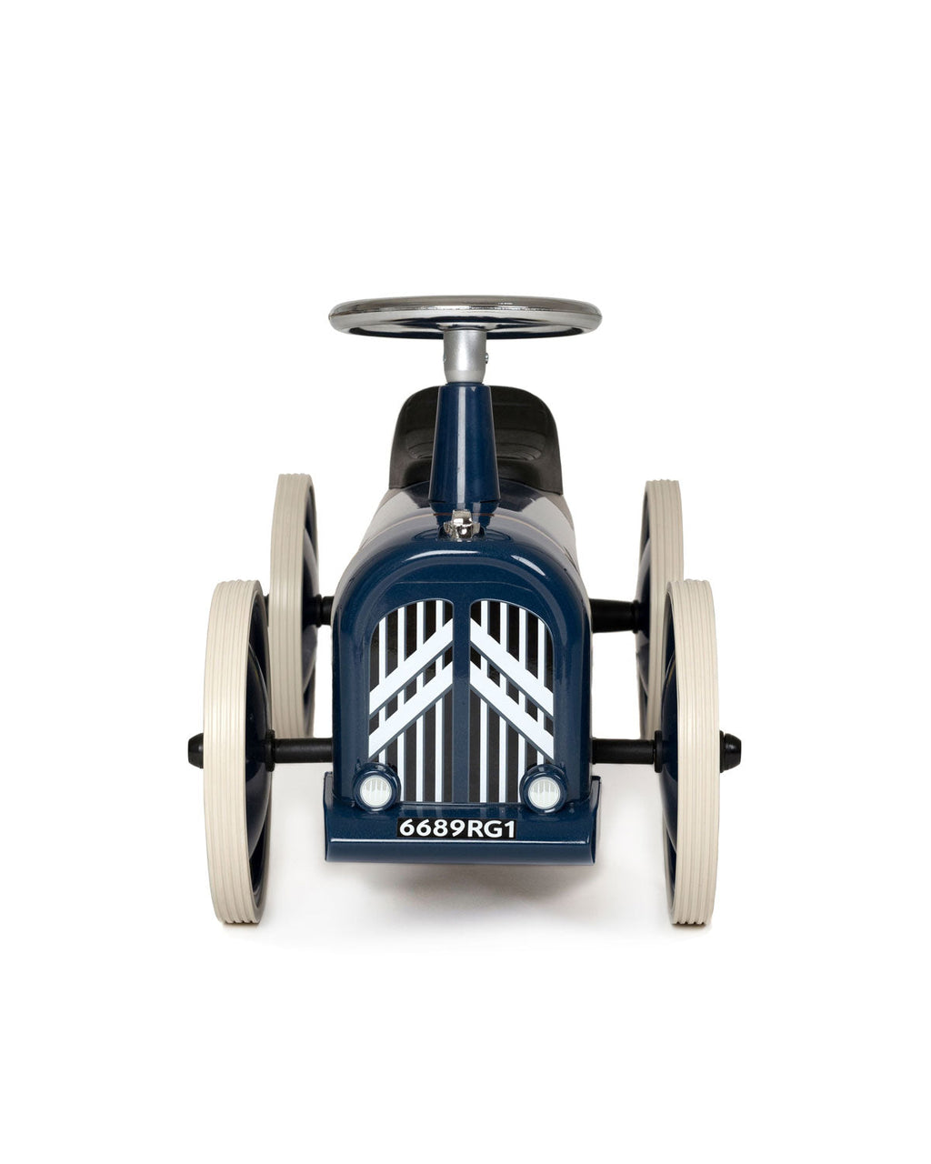 Vintage-style baghera speedster ride-on car with a blue body and white wheels on a white background