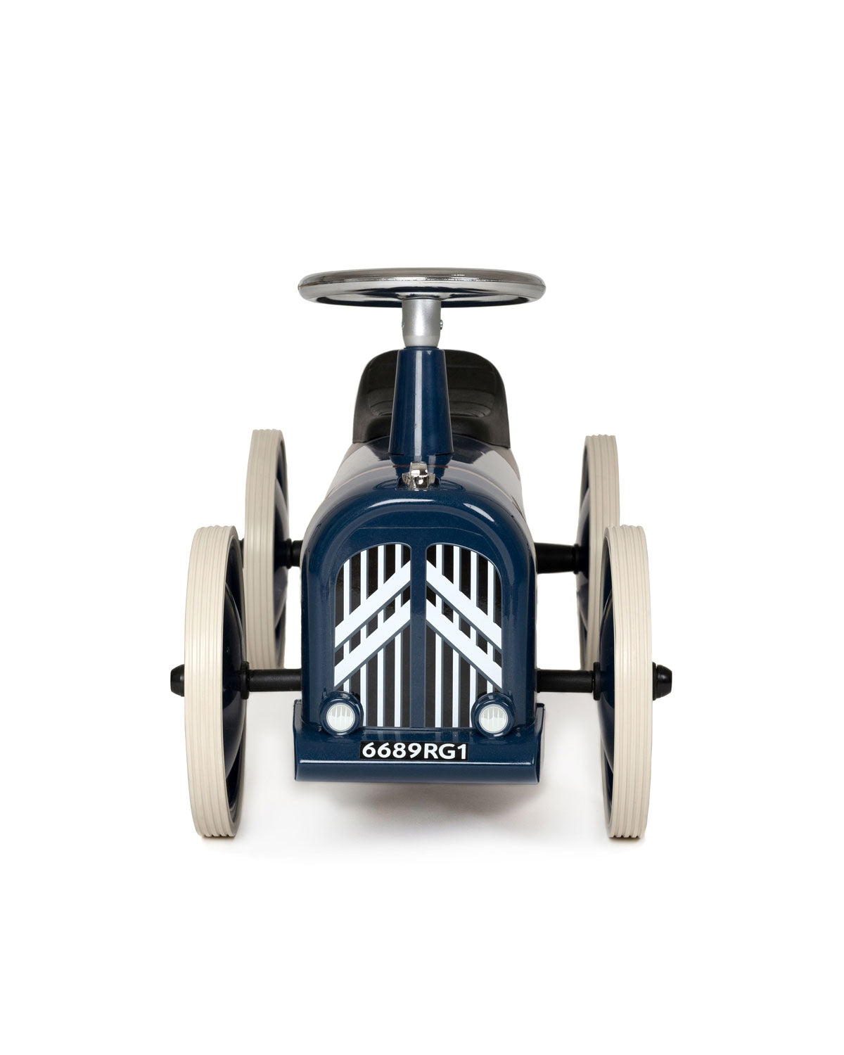 Vintage-style baghera speedster ride-on car with a blue body and white wheels on a white background