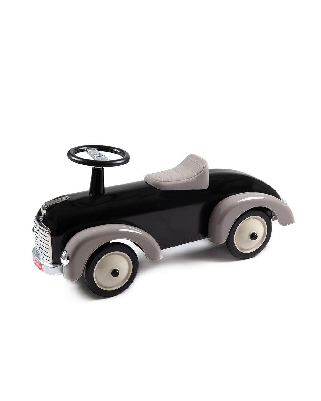Black and gray toy car with a white background