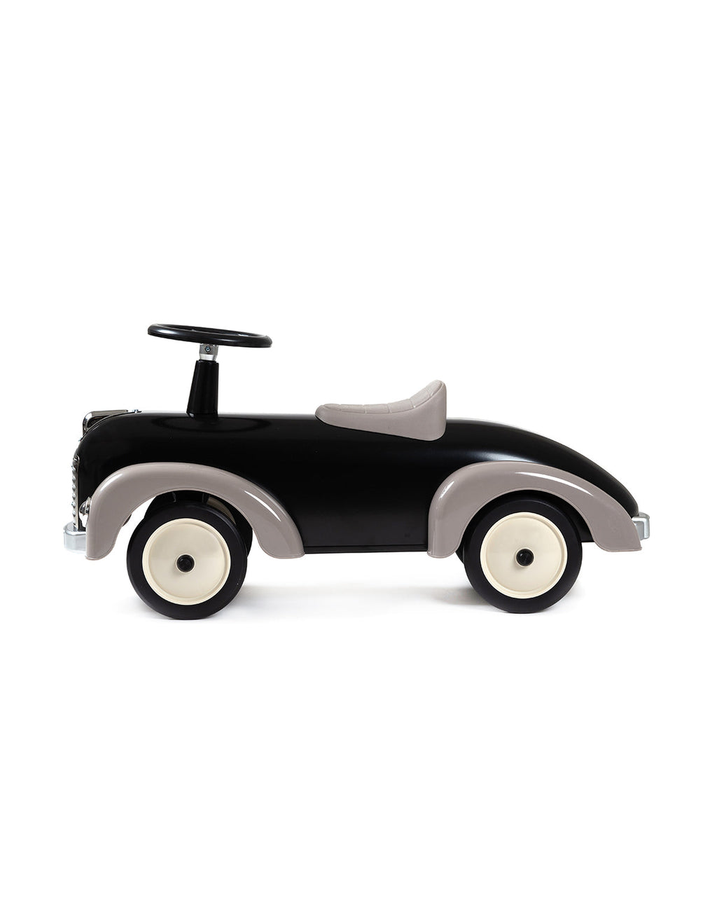Black and gray ride-on toy car on a white background