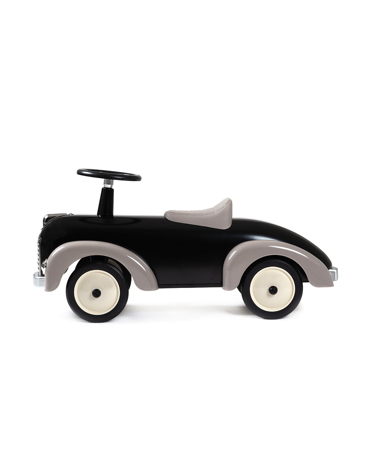 Black and gray ride-on toy car on a white background