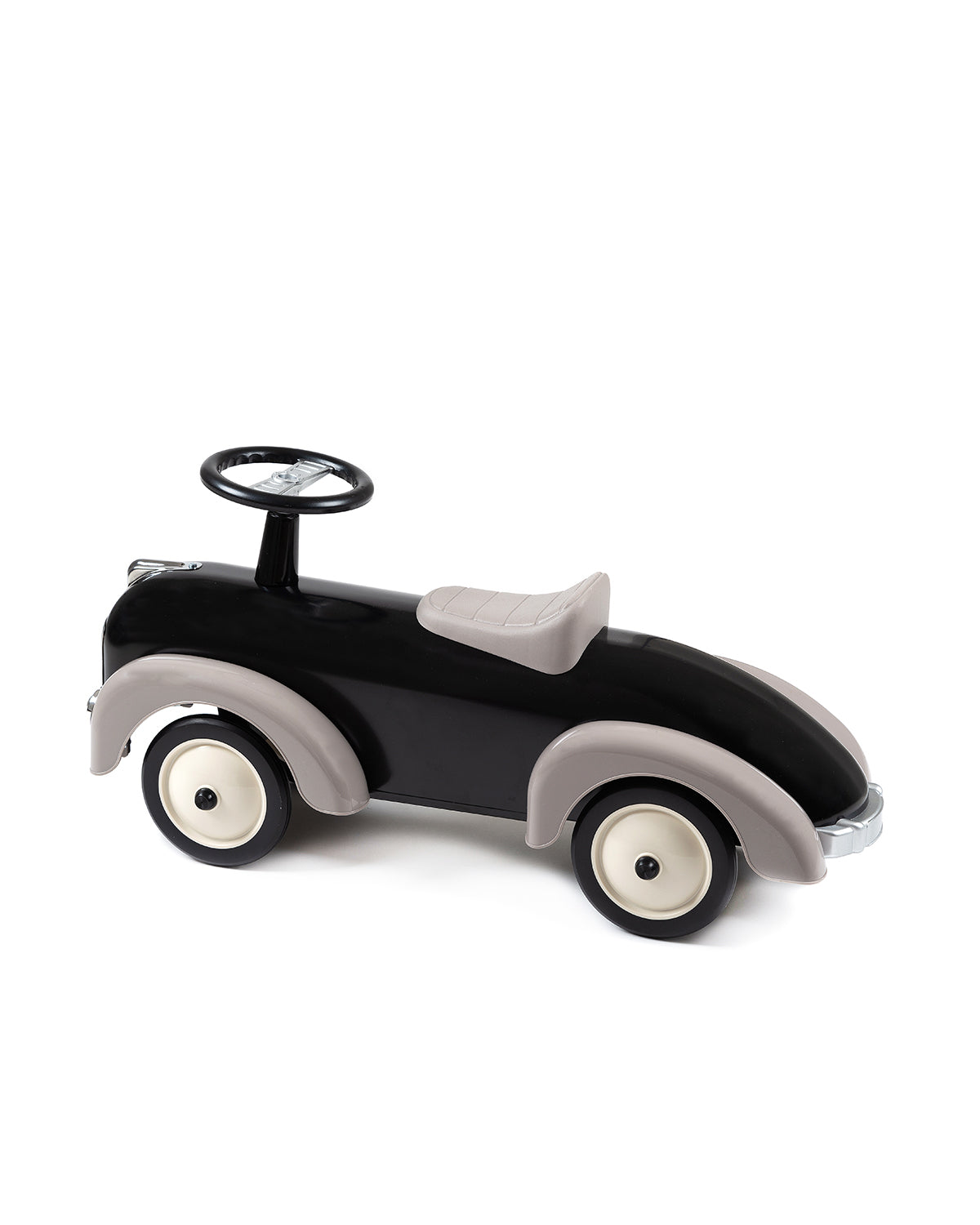 Black and gray toy car on a white background