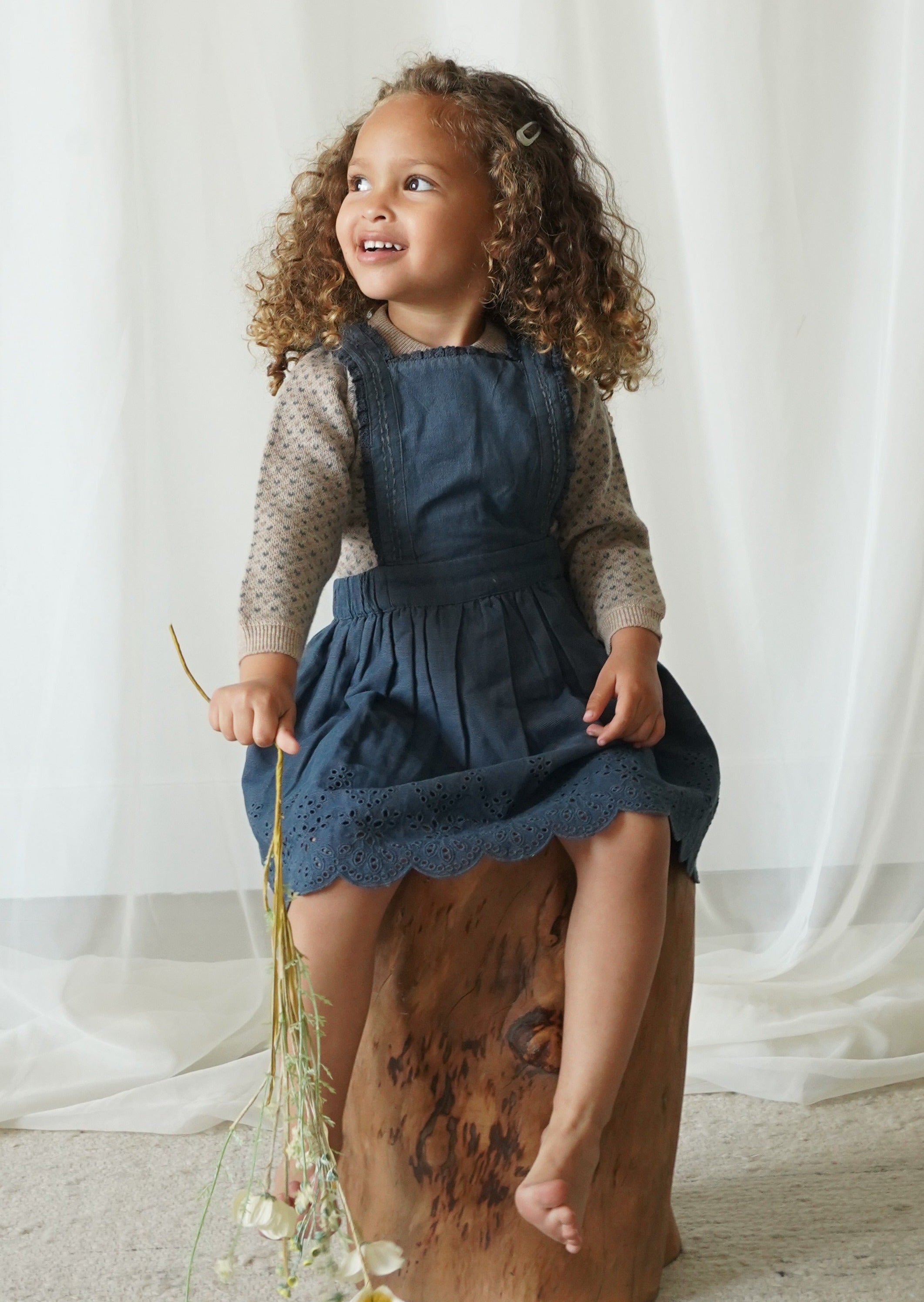 La Petit Lapin Elea | Corduroy Cotton Anglaise Dress | Vintage Blue | Playroom Avenue