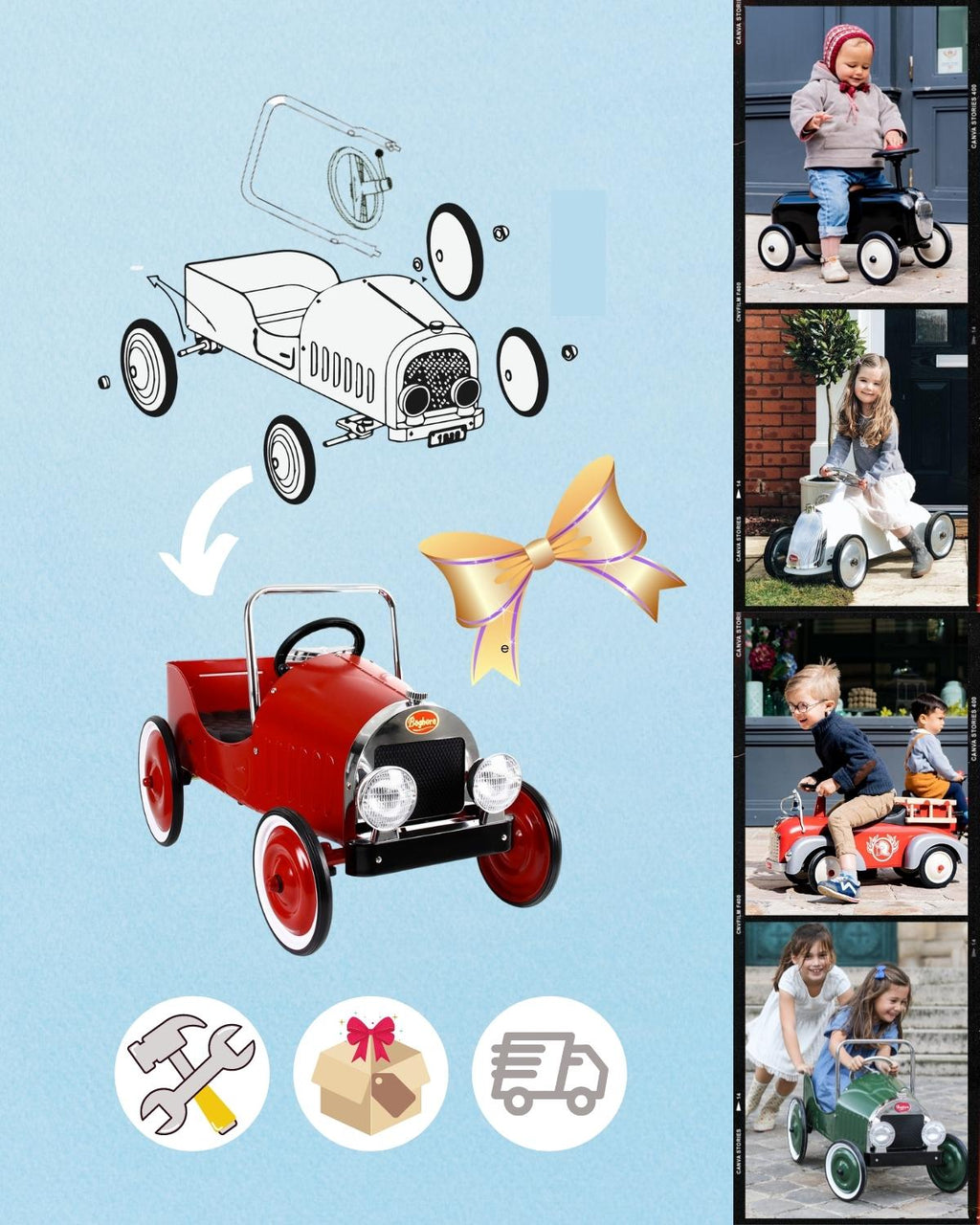Collage of a red toy car with construction elements and children playing with it.