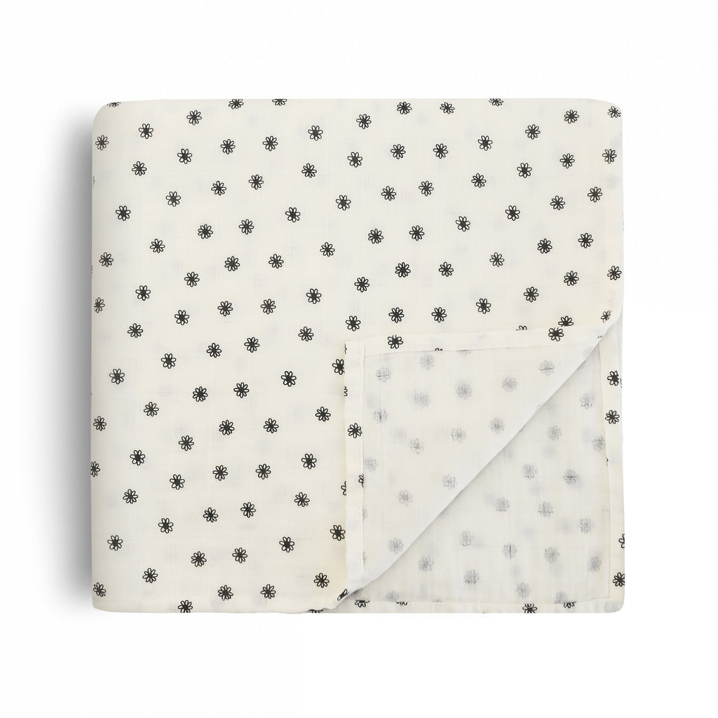 Mushie Organic Cotton Muslin Swaddle Blanket Black Daisy | Playroom Avenue