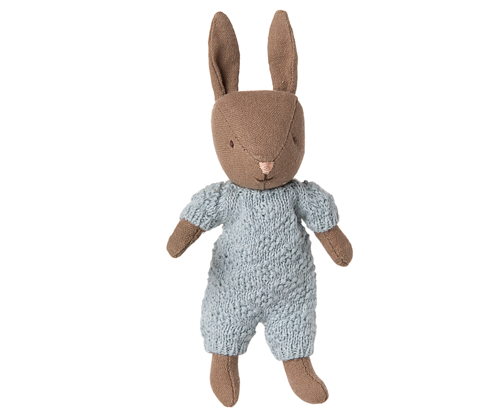 Maileg Rabbit, Micro - Brown - Blue knitted suit | Playroom Avenue