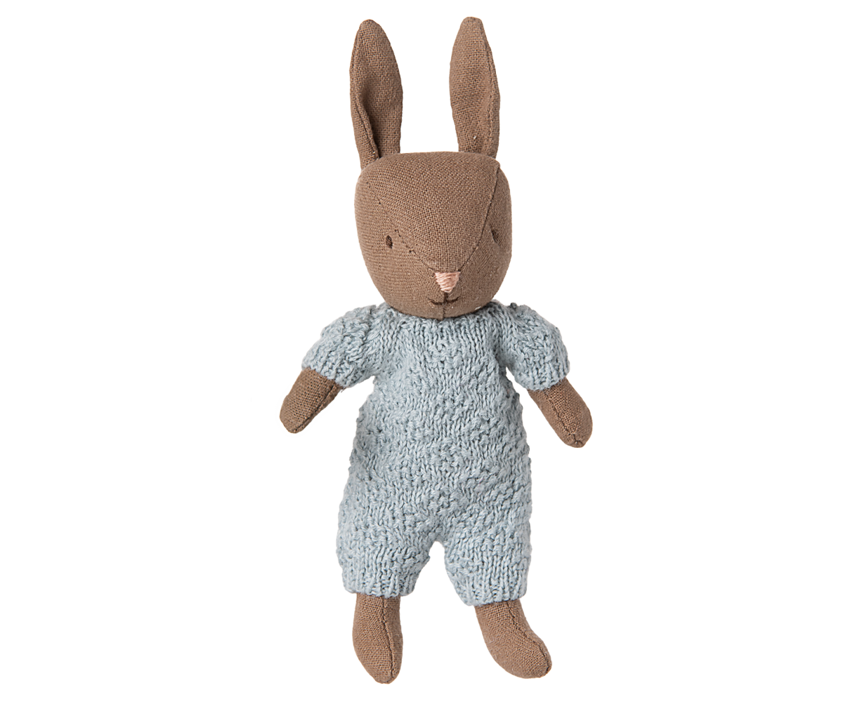 Maileg Rabbit, Micro - Brown - Blue knitted suit | Playroom Avenue