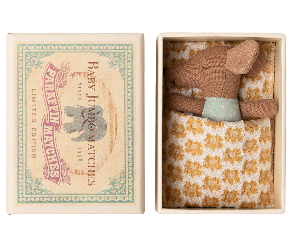 Maileg Sleepy wakey baby mouse in matchbox - Blue | Playroom Avenue