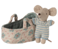 Maileg Baby mouse in carry cot - Blue | Playroom Avenue