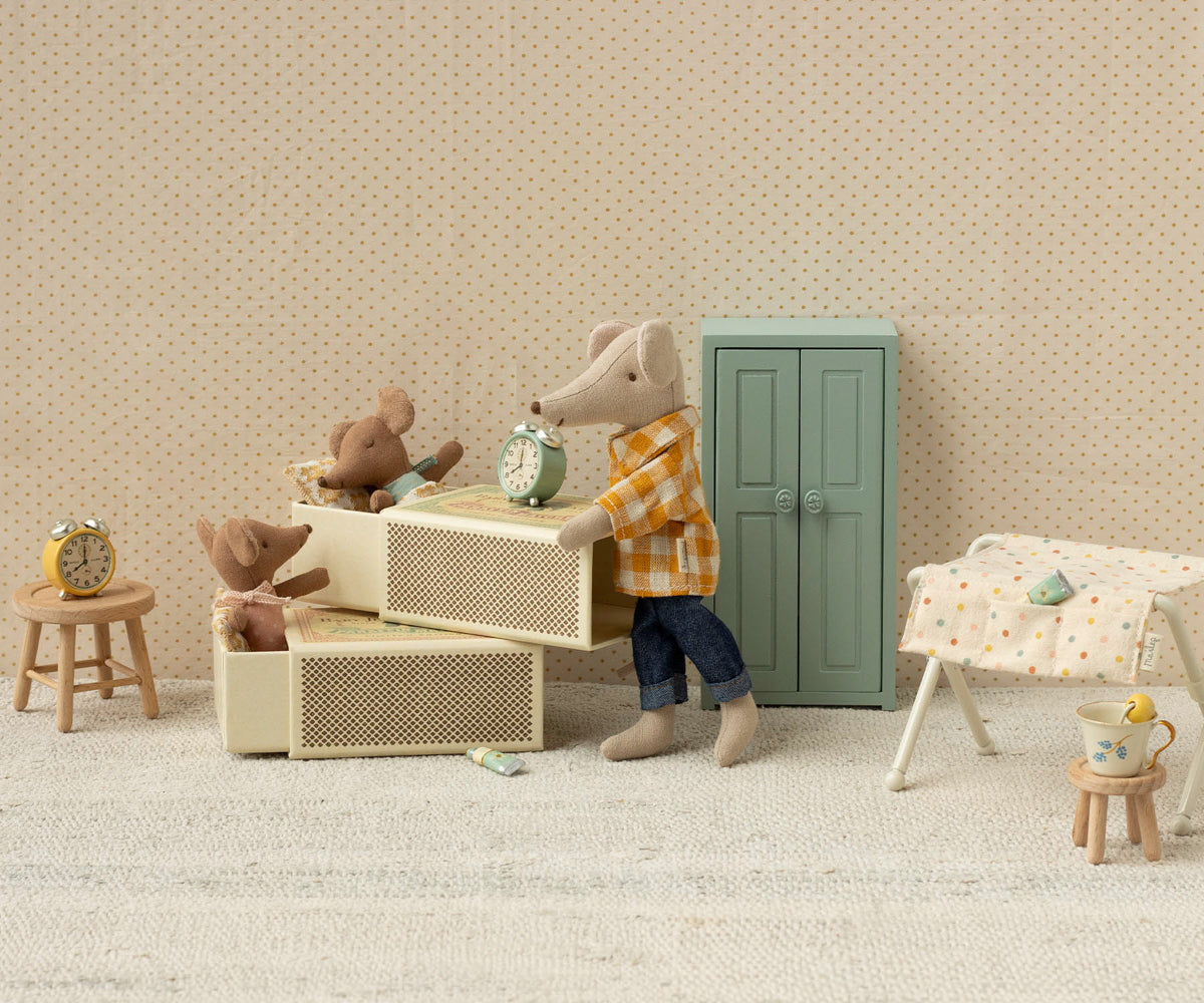 Maileg Sleepy wakey baby mouse in matchbox - Blue | Playroom Avenue