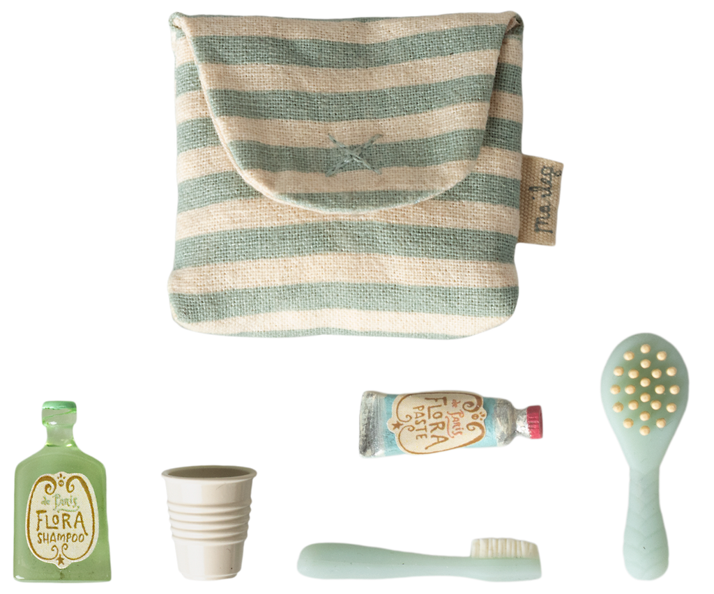 Maileg Tooth brush set in bag, Mouse - Blue stripe