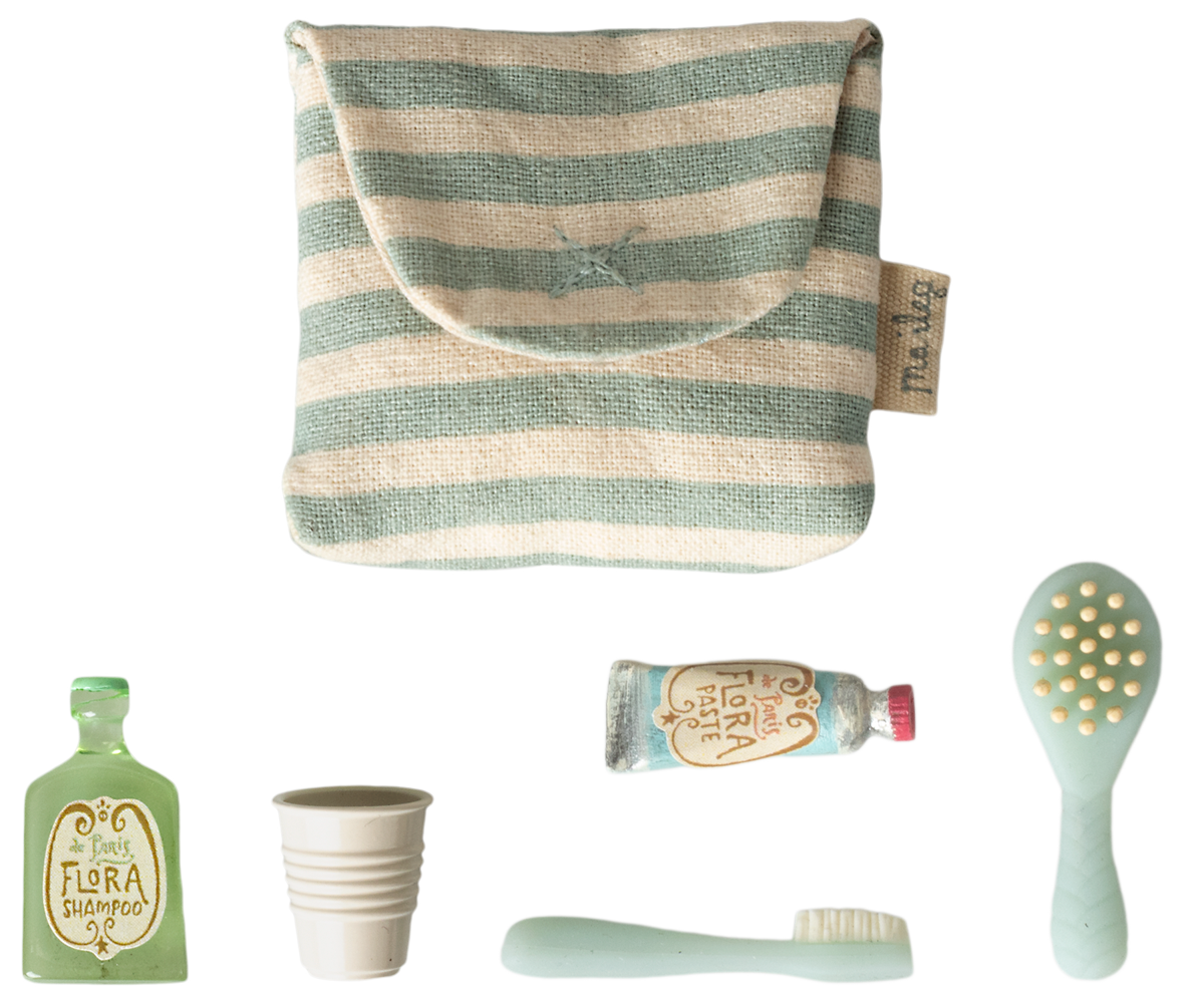 Maileg Tooth brush set in bag, Mouse - Blue stripe