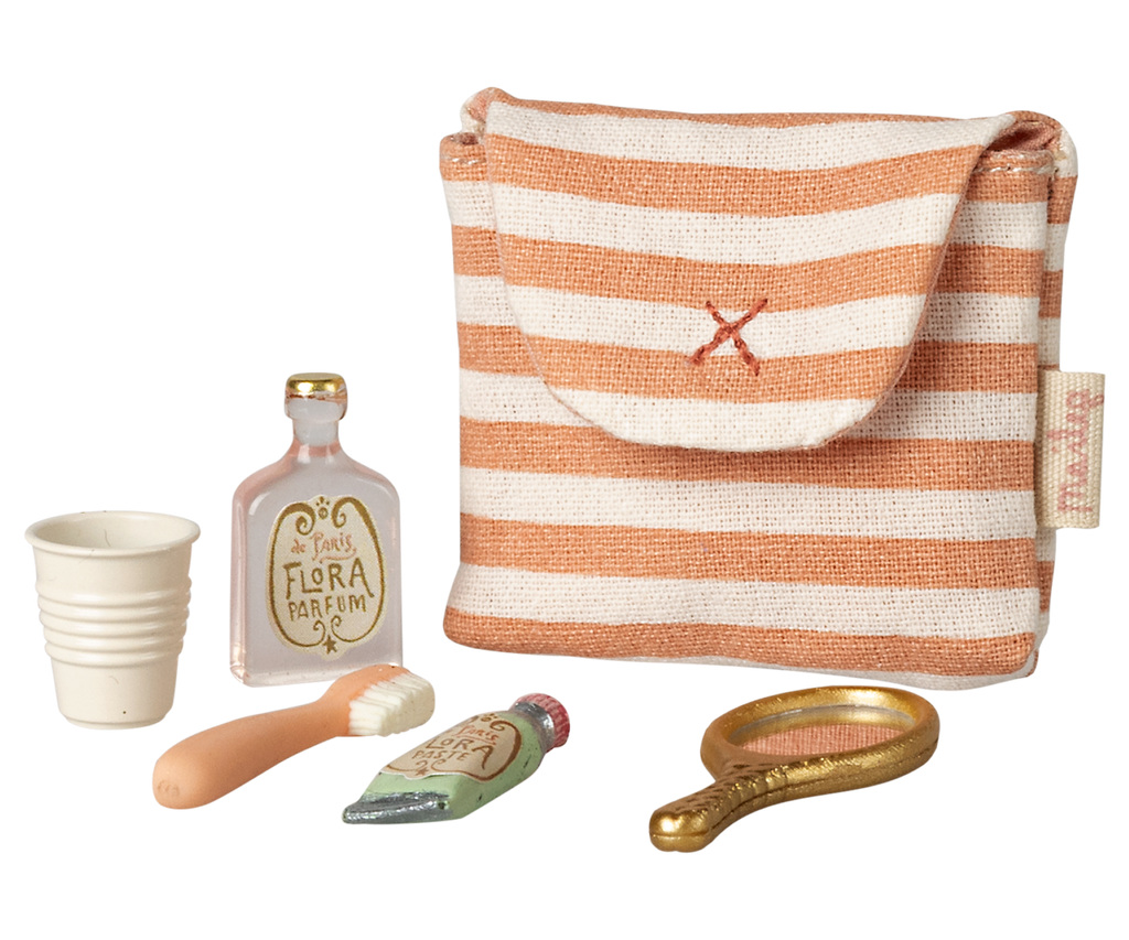 Maileg Tooth brush set in bag, Mouse - Coral stripe