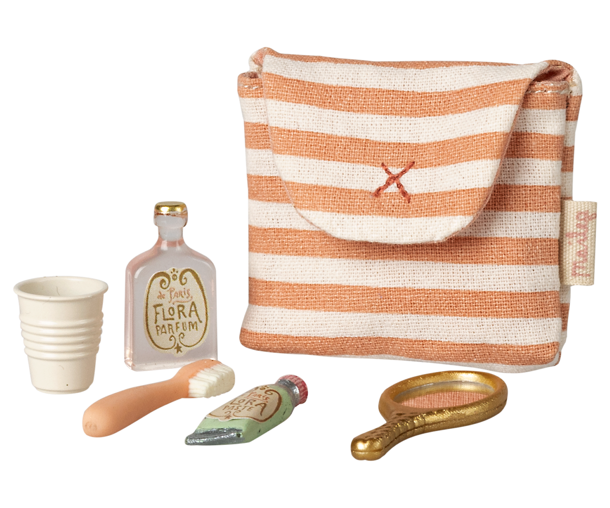 Maileg Tooth brush set in bag, Mouse - Coral stripe