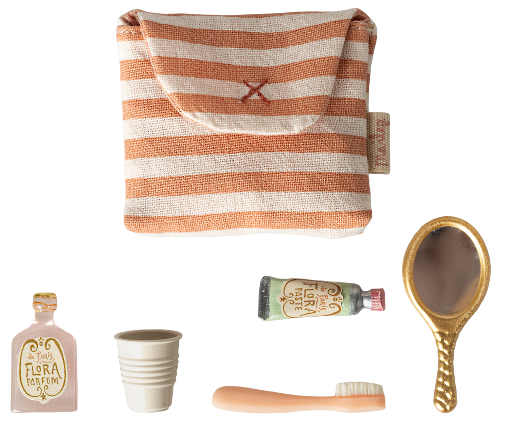 Maileg Tooth brush set in bag, Mouse - Coral stripe