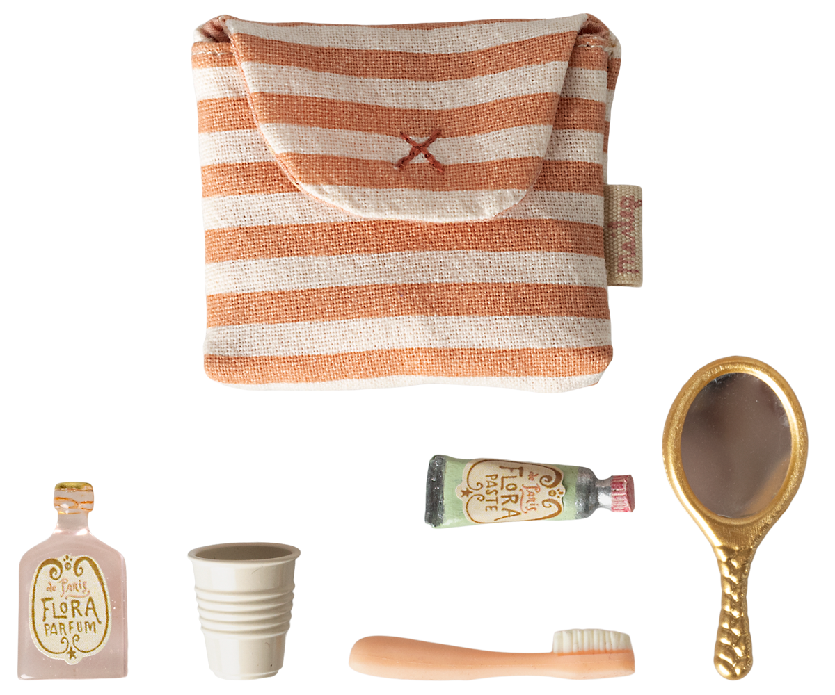 Maileg Tooth brush set in bag, Mouse - Coral stripe