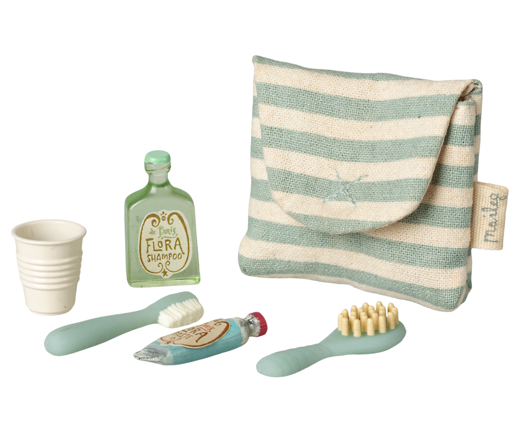 Maileg Tooth brush set in bag, Mouse - Blue stripe
