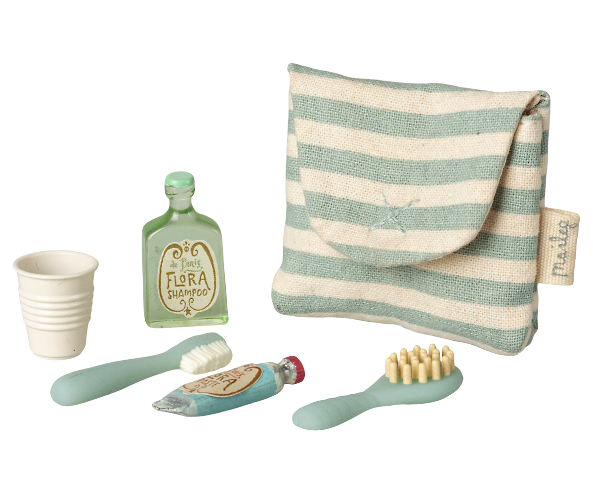 Maileg Tooth brush set in bag, Mouse - Blue stripe