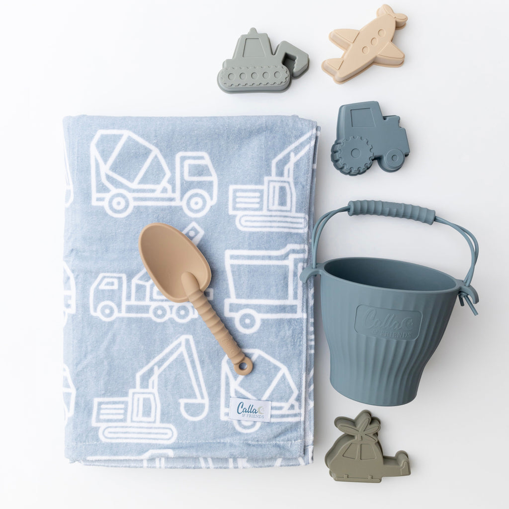 Calla and Friends The Kenzie Beach Towel - Trucks & Diggers Powder Blue | Playroom Avenue