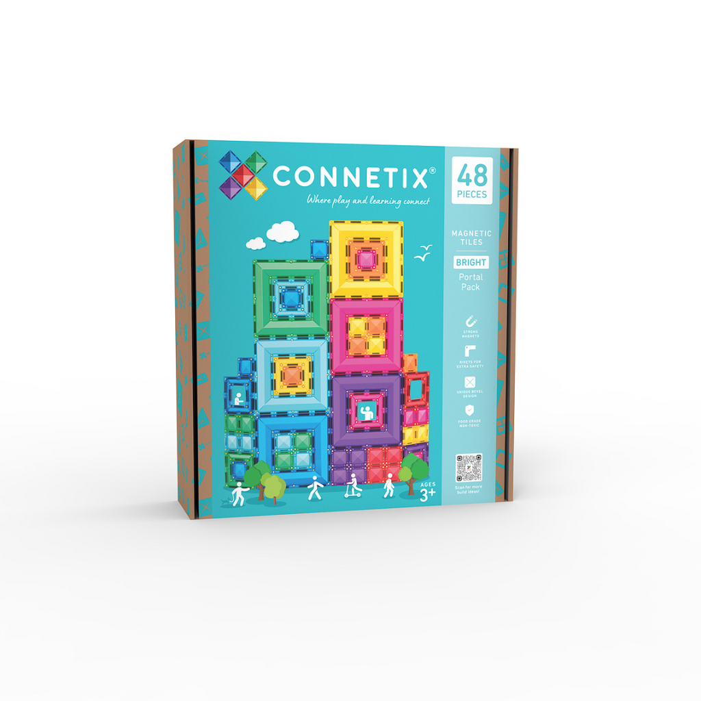 Connetix toy packaging with colorful geometric blocks on a white background