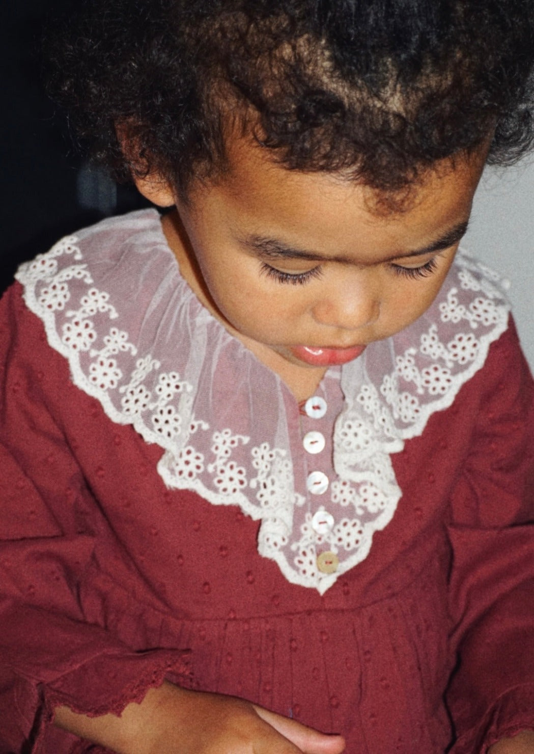La Petit Lapin Harper | Swiss Dot Cotton Lace Dress | Merlot | Playroom Avenue
