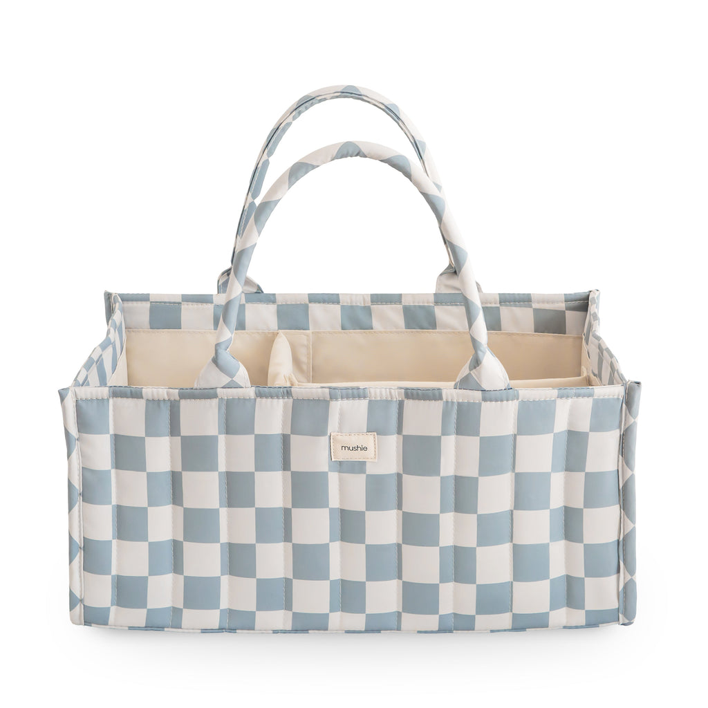 Mushie Diaper Caddy Blue Check | Playroom Avenue